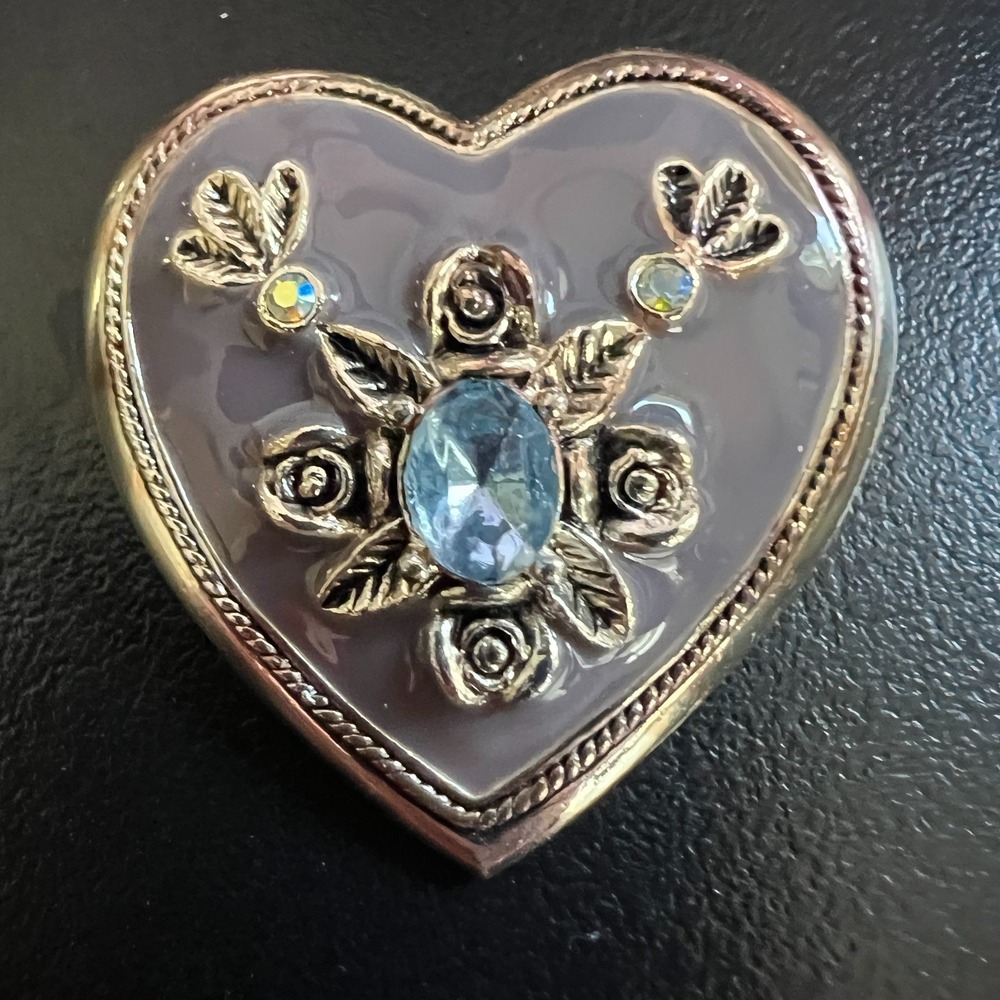 Heart Brooch Purple Enamel Gold‎ Tone Floral Design Blue Stone Vintage Pin